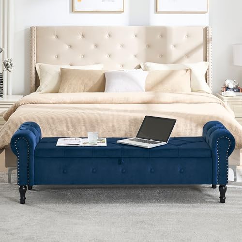 Storage Bench 67" Velvet End of Bed Benches Navy Blue