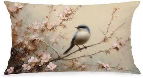 Vintage Spring Bird Lumbar Pillow Cover 12x20 Double-Sided, Nature Room Decor, Farmhouse Spring Pink Floral Bird Decorative Throw Pillow Cover for Living Room Home Bedroom