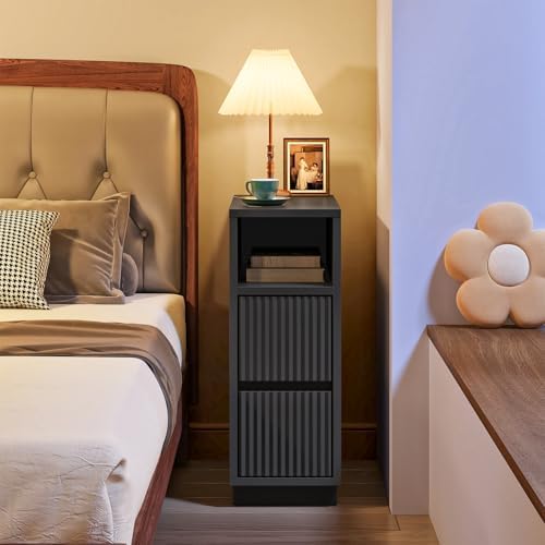 CHOEZON 8.7" Narrow Fluted Nightstand, Small Bedside Table with Drawers, Skinny Side Table, Modern Nightstand with 1 Semi-Open Shelf, Floating End Table, for Living Room, Bedroom, Black MBZ12BB