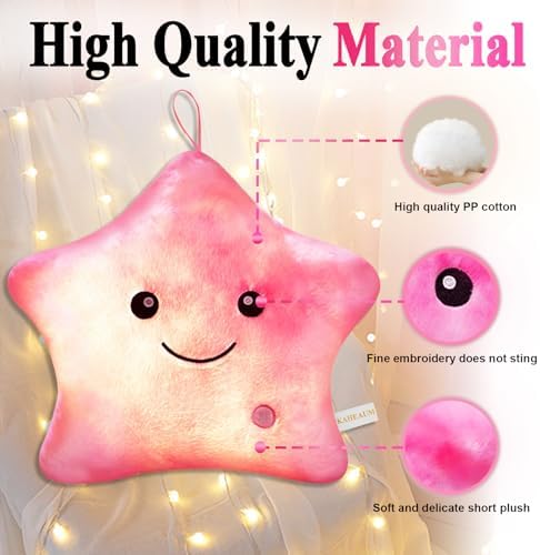 Glow Star Pillow LED Night Light UP Stuffed Animals for Girls Boys Kids Pillows Adults Childrens Plushie Birthday Party, Kids' Plush Toy Pillows Star Shaped Pillow White Pink