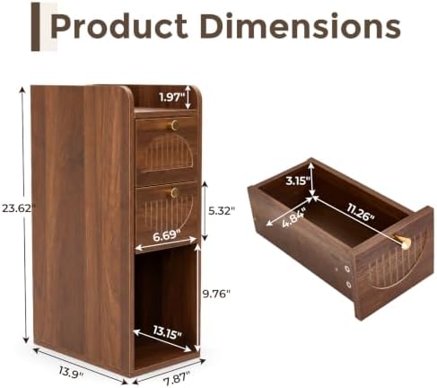Narrow Nightstand Set of 2, Bedside Table with 2 Drawers, Walnut