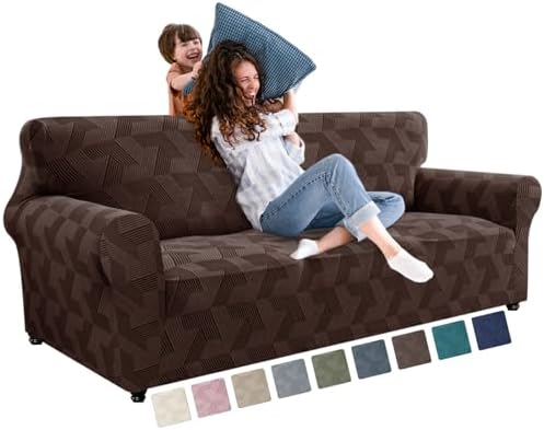 JIVINER 1 Piece Couch Cover for 3 Cushion Couch, High Stretch Sofa Covers with Elastic Bottom, Washable Sofa Slipcovers for Dog, Pets Feature Geometrical Jacquard Fabric (Sofa, Brown)