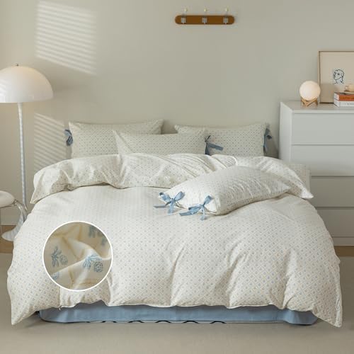 mixinni Blue Floral Duvet Cover Set Queen - 3 Piece Cottagecore Bedding Set with Bow Ties & Zipper Closure, 100% Cotton Soft Aesthetic Comforter Cover for Girls, Lightweight Breathable Country Style