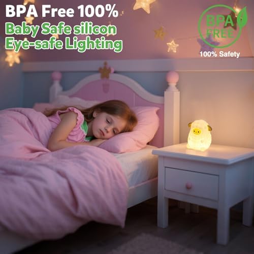 Cute White Sheep Night Light for Kids, 7-Color Changing & 3 Adjustable Brightness Levels,Rechargeable Silicone Bedside Lamp, Animal Night Lamp for Kids Room, Gift for Boys & Girls