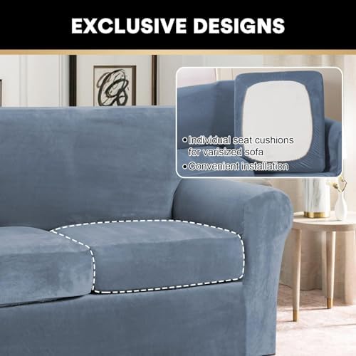 PrinceDeco Velvet Couch Covers for Sofa Soft 4 Pieces Covers for 3 Cushion Couch Sofa Pet Friendly Furniture Protector with Non Slip Elastic Bottom Width Up to 97 Inch (Large Sofas, Stone Blue)