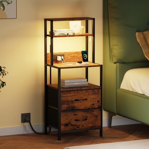 Furnulem Night Stand, Tall Nightstand with 4-Tier Shelves, 2 Fabric Drawers