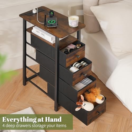 Yoobure Narrow Nightstand with Charging Station, LED Tall Narrow Side Table