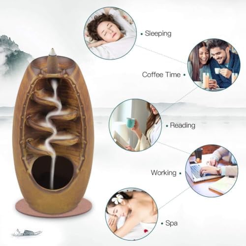 SPACEKEEPER Ceramic Backflow Incense Holder Waterfall Incense Burner,Brown
