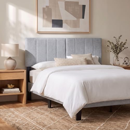KOMFOTT Linen Upholstered Headboard for Full & Queen Size Bed, Vertical Channel Tufted Rectangular Headboard with Solid Wood Legs & Adjustable Width, Padded Bed Backboard, Easy Assembly (Gray)