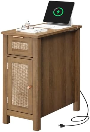 Narrow End Table with Charging Station - Midcentury Rattan Slim Side Table with USB Ports and Power Outlets, Nightstand with Flip Top and Storage Drawer, for Small Spaces Living Room Bedroom