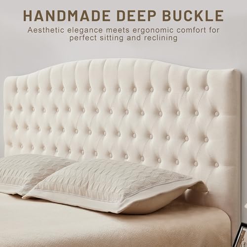 Tufted Tall King Size Headboard, Linen Button Diamond Headboards, Beige