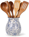 Kitchen Ceramic Utensil Holder 6" Chinoiserie Blue Floral Utensil Crock for Countertop Cooking Tools Storage Organizer for Spatula Spoon Farmhouse Decor Housewarming Gift