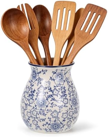 Kitchen Ceramic Utensil Holder 6" Chinoiserie Blue Floral Utensil Crock for Countertop Cooking Tools Storage Organizer for Spatula Spoon Farmhouse Decor Housewarming Gift