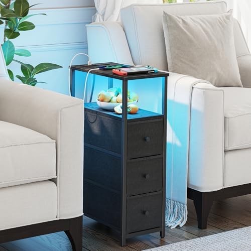 TUTOTAK Narrow LED Night Stand with Charging Station, Slim End Table