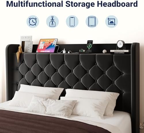 Allewie Full Size Bed Frame, Storage Headboard & Charging Station, Black