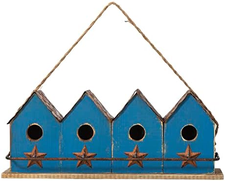 Glitzhome 17" L Retro Blue Distressed Solid Wood Birdhouse with Perch Garden Hanging Bird House for Outdoors