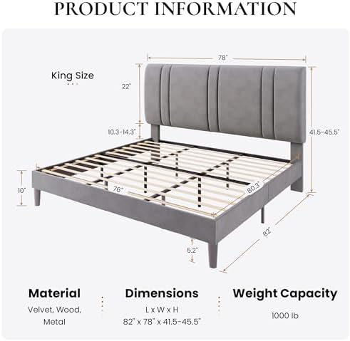 SHA CERLIN King Size Velvet Bed Frame with Adjustable Headboard, Grey