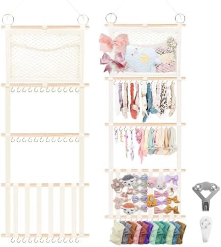 Munzong Bow Holder for Girls Hair Bows 52x17 inch, Beige Bow Clip Organizer