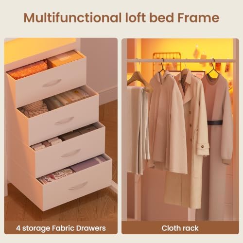 Loft Bed Full Size with L Shape Desk,4 Drawers,3-Tier Storage Shelves Metal Loft Bed Frame with Power Outlet and LED Lighted,No Box Spring Needed,Space-Saving,Noise Free (White, Full Size)