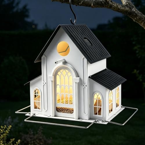 Solar Bird Feeder, Large Hanging Metal Bird House Feeder with Solar LED Lights, Waterproof Large Capacity Decorative Bird Feeder for Garden Backyard, for Bird Lovers & Gardeners