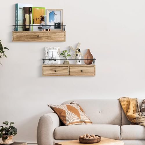 Floating Shelves With Drawers Set of 2, Wall Mounted Storage for Bathroom