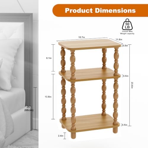 Small Side Table, 3-Tier End Table, Natural Wood