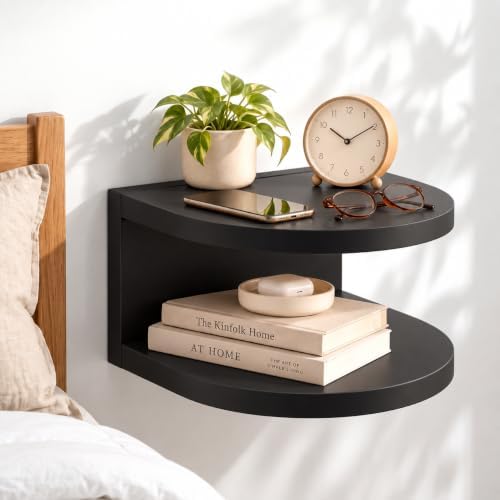 Bamboo Floating Wall Mounted Nightstand Wall Storage Shelf (1, Black)