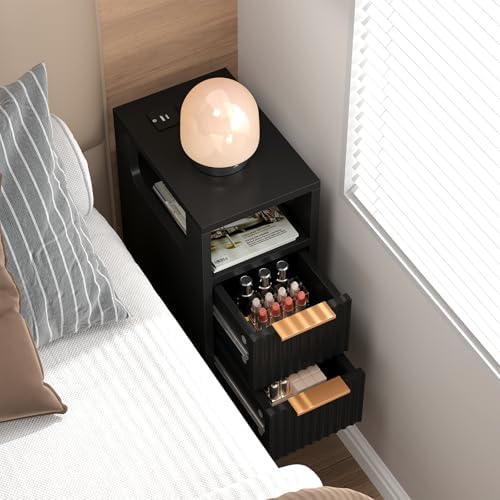 Narrow Side Table with Charging Station, Skinny Fluted Nightstand, Black