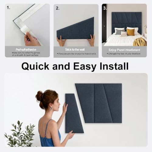 Peel and Stick Headboard Panels for Bed，Soft Padded Fabric Noise-Reducing Panels with Modern Stylish Design for Bedroom Decor (Dark Blue, Queen)