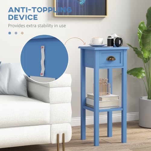 HOMCOM Narrow End Table with Drawer and Bottom Shelf Set of 1 Light Blue