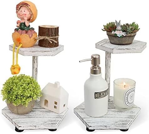 Tikea 2-Tier Wood Riser for Decor, Farmhouse Bathroom Decor Counter Shelf