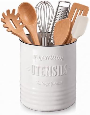 DOWAN 7.2" Large Ceramic Utensil Holder for Kitchen Counter, Beige