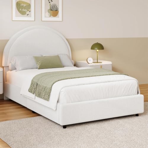 REVOMINCA Twin Size Bed Frame, Boucle Upholstered Platform Bed with Headboard, Cloud Bed Frame with Soft Rounded Corners, No Box Spring Required, Easy Assembly, White