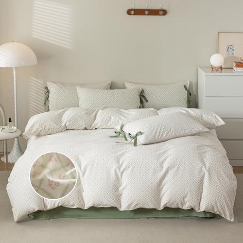 mixinni Red Floral Duvet Cover Set Full Size - 100% Cotton Green Grid Bedding with Bow Ties, 3PC Cottagecore Comforter Cover (1 Duvet Cover + 2 Pillowcases) Vintage Garden Style Soft Aesthetic