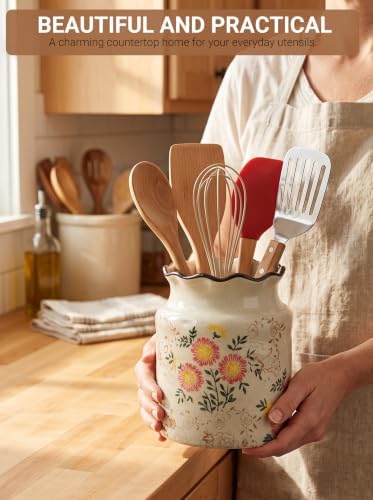 Ceramic Utensil Holder for Kitchen Counter, Farmhouse Kitchen Décor