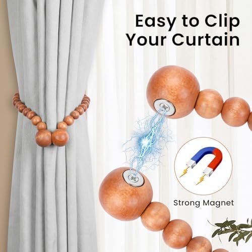 KLOGTSIND Magnetic Curtain Tiebacks, 6 Pack Wood Bead Curtain Holdbacks