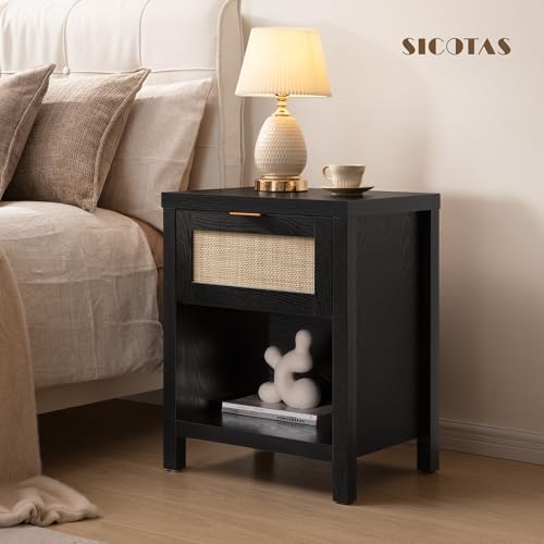 SICOTAS Black Rattan Nightstand Farmhouse Night Stands with Drawer