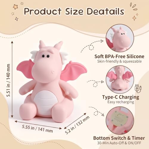 AVEKI Dragon Night Light, Silicone Touch Bedside Lamp (Dragon-Pink)