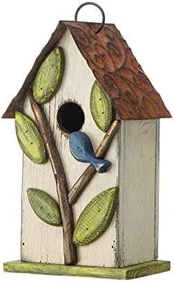 Glitzhome 9.7" H Hanging Birdhouse for Outdoor Patio Garden Decorative Pet Cottage Distressed Wooden Bird House for Finch Swallow Wren Chickadee, Leaves Rustic White