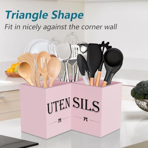 Suli Extra Large Utensil Holder Countertop for Kitchen Counter,Wood,Pink