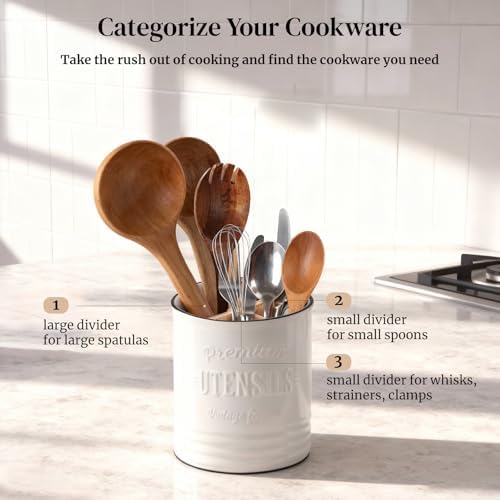 DOWAN 7.2" Large Ceramic Utensil Holder for Kitchen Counter, Beige, Devider