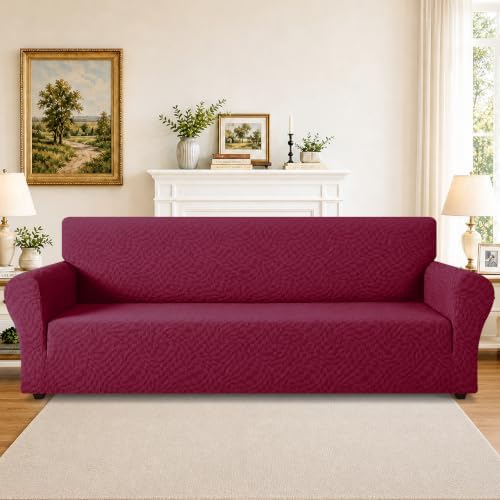 ZNSAYOTX 1 Piece Stretch Oversized Sofa Covers (91"-112"), New Plaid Couch Cover with Non-Slip Buckle for Dog Pets, Ultimate Soft Cozy Washable X-Large Sofa Slipcover Form Fit Protector, Wine Red