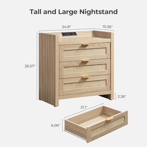 SICOTAS Rattan Nightstand for Bedroom, Tall Bedside Table with 3 Drawers