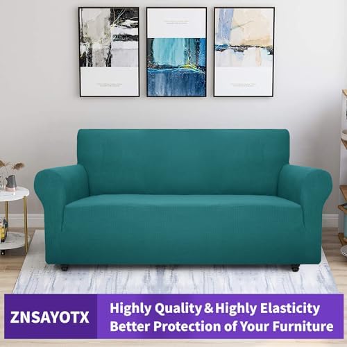 ZNSAYOTX Super Stretch Couch Cover (72"-92") Universal Sofa Covers with Elastic Bottom, Dog Cat Pets Friendly Washable Furniture Protector Fitted Sofa Slipcovers Stay in Place (Peacock Teal, Sofa)