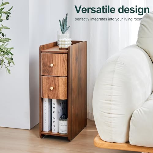 FurSch Narrow Nightstand, Wooden Small 2 Drawer Night Stand (Walnut-1 pc)