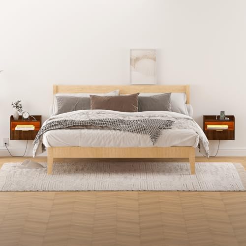 Veegle Floating Nightstand with Charging Station and LED Lights (Walnut Brown)