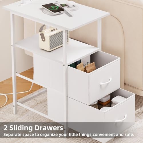 Somdot End Table Set of 2 with Charging Station, 2 Drawers, Slim Side Table