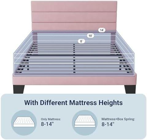 Allewie Full Size Platform Bed Frame with Velvet Upholstered Headboard Pink