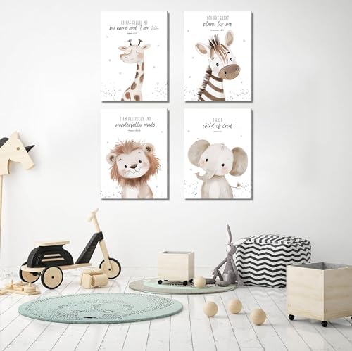 4Pcs Nursery Bible Verse Animal Canvas Wall Art Funny Cute Safari Animals Christian Painting Picture Wall Decor Lions Elephant Giraffe Zebra Poster Print Artwork for Boys and Girls Home Decoration