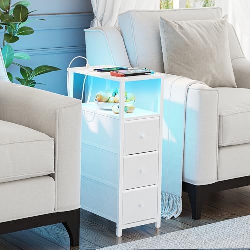 TUTOTAK Narrow LED Night Stand with Charging Station, Slim End Table